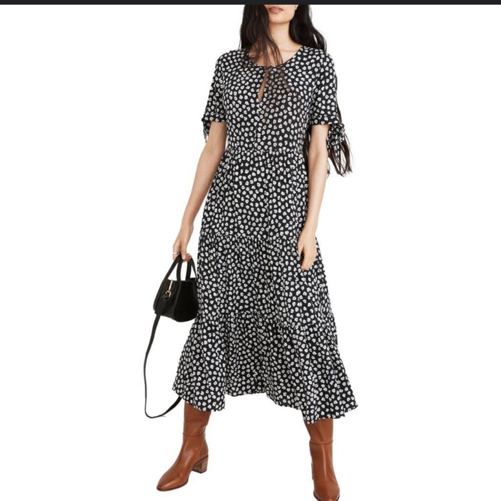 Madewell Tiered Tie-sleeve Midi Dress in Woodcut Flowers